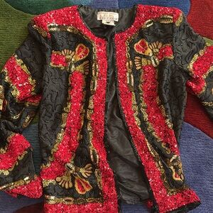 Vintage Adrianna Papell Evening Jacket, beading, stunning red gold black